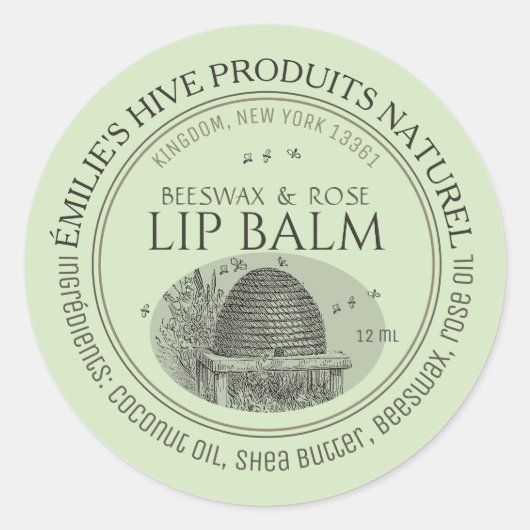 ビーズワックスのリップクリーム薄いミニラベルと串と蜂 ラウンドシール (正面)
