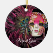 ビーズ、羽とマルディグラスマスク セラミックオーナメント (正面)