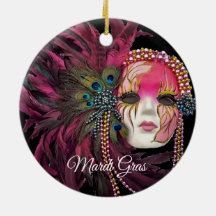 ビーズ、羽とマルディグラスマスク