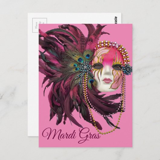 ビーズ、羽とマルディグラスマスク ポストカード (正面/裏面)