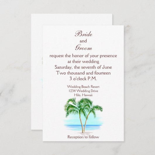 ビーチおよびヤシの木の結婚式招待状 招待状 (正面/裏面)