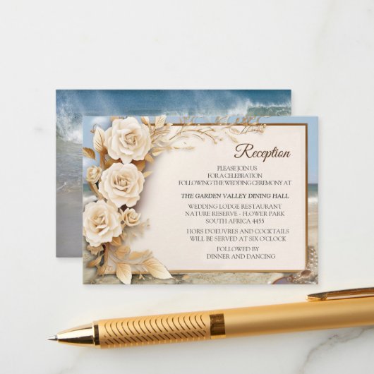 ビーチお祝い白い花と真珠 エンクロージャーカード (正面/裏面インサイチュ)