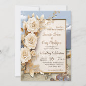 ビーチお祝い白い花と真珠 招待状 (正面)