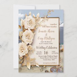 ビーチお祝い白い花と真珠 招待状