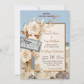 ビーチお祝い白い花と真珠 招待状 (正面)