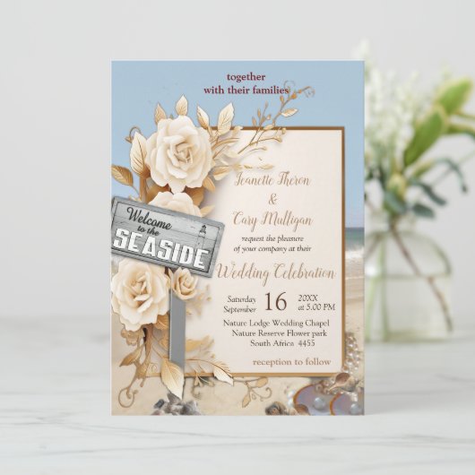 ビーチお祝い白い花と真珠 招待状 (スタンド正面)