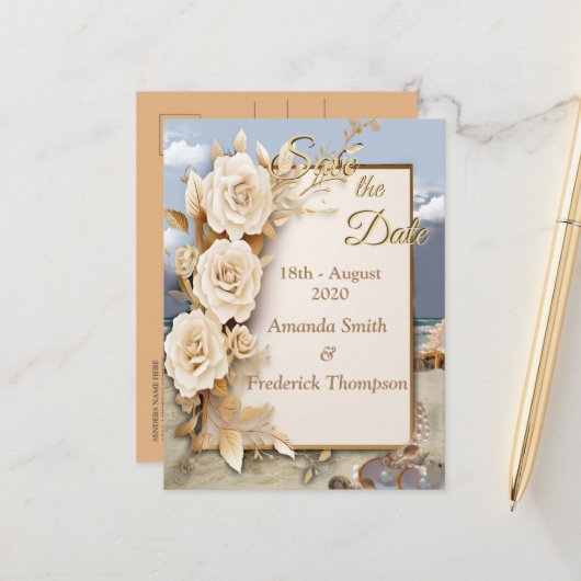 ビーチお祝い白い花と真珠 案内ポストカード (正面/裏面インサイチュ)