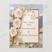 ビーチお祝い白い花と真珠 案内ポストカード (正面)