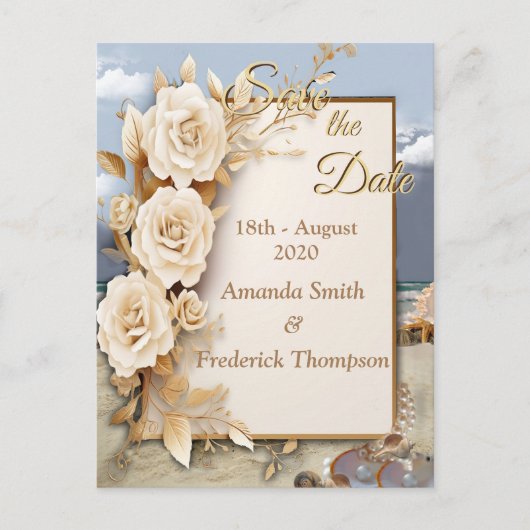 ビーチお祝い白い花と真珠 案内ポストカード (正面)