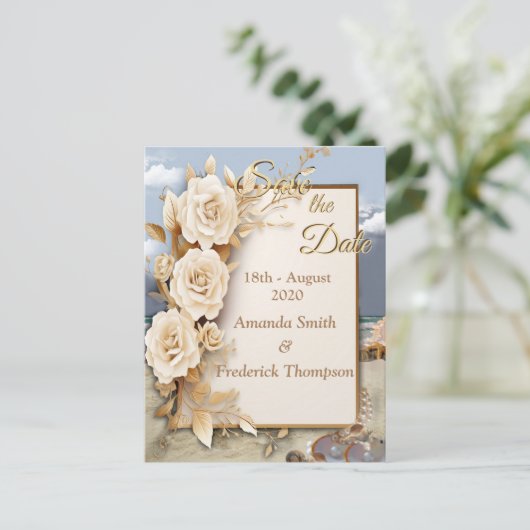 ビーチお祝い白い花と真珠 案内ポストカード (スタンド正面)