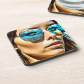 ビーチかわいらしサングラス反射女性 コースター (左側)