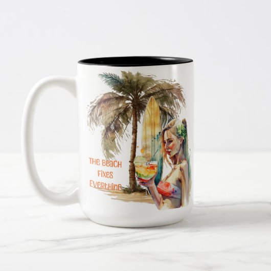 ビーチが全てを直す ツートーンマグカップ (左)