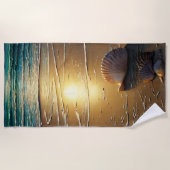 ビーチが夕暮れ、貝殻を砂に塗る ビーチタオル (正面)