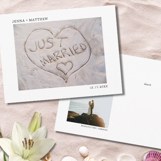 ビーチたった今結婚しました写真の発表 案内ポストカード