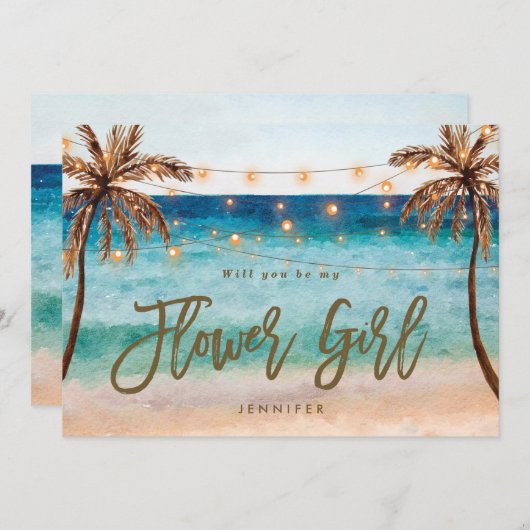 ビーチであなたは私のフラワーガールになってくれる？プロポーズカード サンキューカード (正面/裏面)