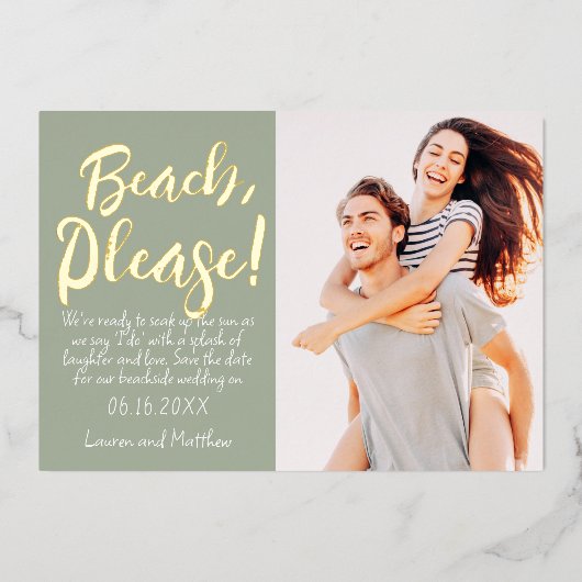 ビーチでお願い！ 現代的でシンプルで面白い結婚式の招待状 箔招待状 (正面)