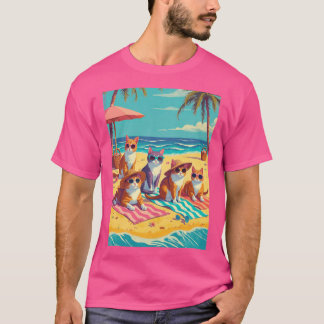 ビーチでくつろぐ猫の友達 Tシャツ