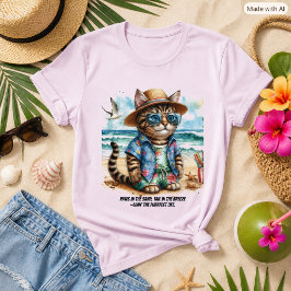 ビーチでくつろぐ面白いトラ猫 熱帯リゾートバケーション Tシャツ