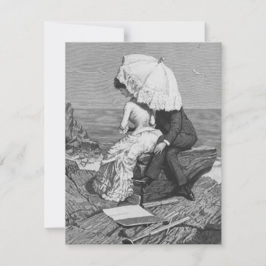 ビーチでのウェディング, ロマンチックな海岸の新婚夫婦 招待状 (正面)