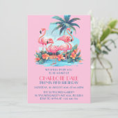 ビーチでのフラミンゴの誕生日トロピカルサマー 招待状 (スタンド正面)