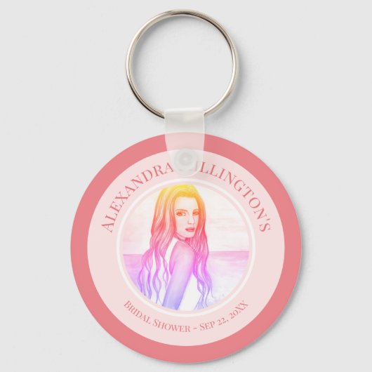 ビーチでのブライズシャワー ブロンドの髪の少女 サークル キーホルダー (正面)
