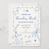 ビーチでのブライズメイドパーティー | 青 | 幻想的な手描き 招待状 (正面)