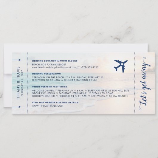 ビーチでの目的地ウェディング 搭乗券 フォト セーブザデート (裏面)