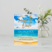 ビーチでの目的地　水彩画でセーブザデート 箔招待状ポストカード (立ち正面)