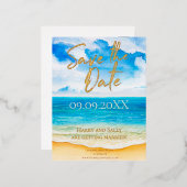 ビーチでの目的地　水彩画でセーブザデート 箔招待状ポストカード (正面/裏面)