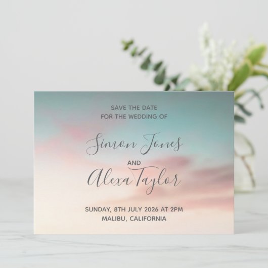 ビーチでの結婚式の目的地の保存日付 セーブザデート (スタンド正面)