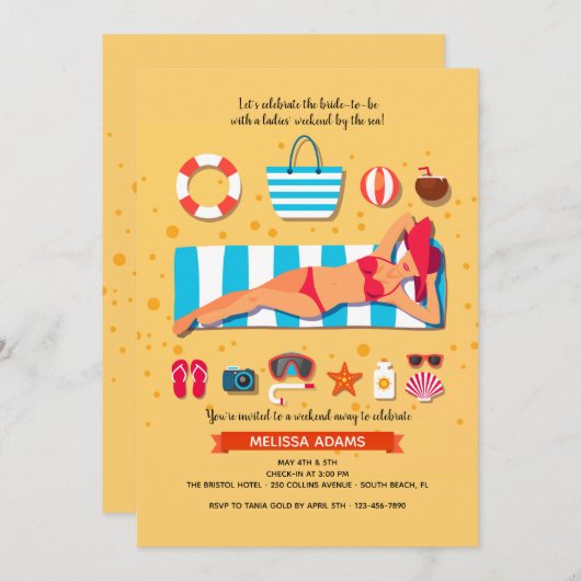 ビーチでの花嫁お別れパーティー 招待状 (正面/裏面)