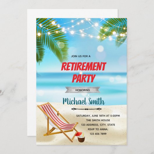 ビーチでの退職パーティー招待状 招待状 (正面/裏面)