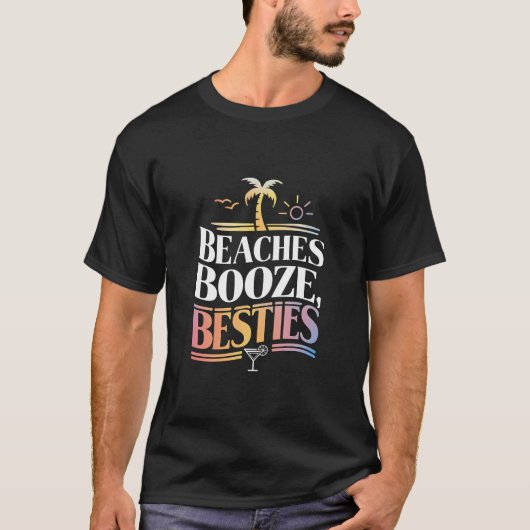 ビーチでアルコールと友達とヤシの木 サマー Tシャツ (正面)