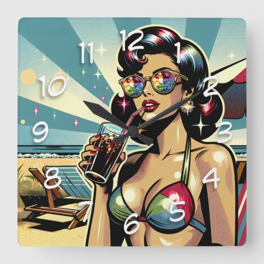 ビーチでコーラを持つ美しいピンナップウーマン スクエア壁時計 (正面)