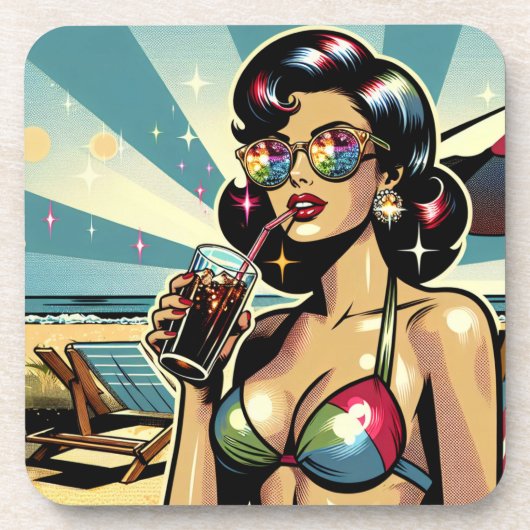 ビーチでコーラを持つ美しいピンナップガール コースター (正面)