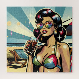 ビーチでコーラを持つ美しいピンナップガール ジグソーパズル