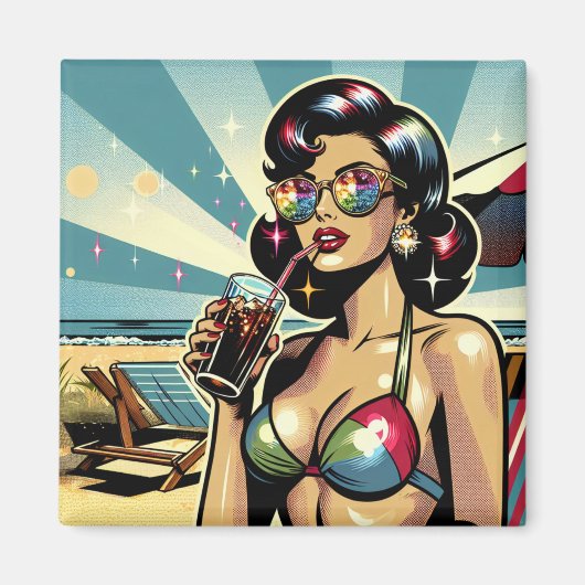 ビーチでコーラを持つ美しいピンナップガール マグネット (正面)