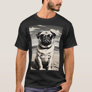 ビーチでサングラスをかけたパグ Tシャツ