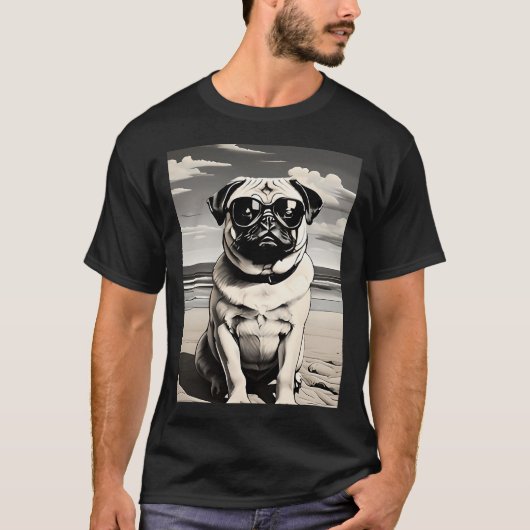 ビーチでサングラスをかけたパグ Tシャツ (正面)