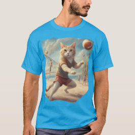 ビーチでバレーボールをする猫が面白い Tシャツ