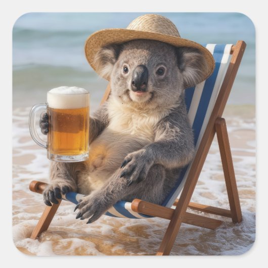 ビーチでビールを飲むコアラ スクエアシール (正面)