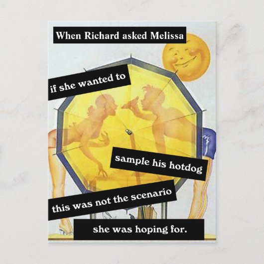 ビーチでホットドッグをシェアするカップル 面白い 名入れ ポストカード (正面)