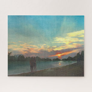 ビーチで夕暮れカップル歩く油絵 ジグソーパズル