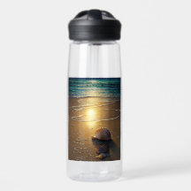 ビーチで夕暮れ時に貝殻のウォーターボトル