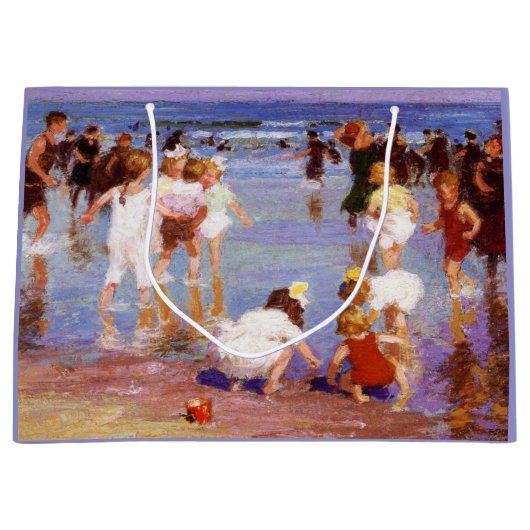 ビーチで幸せな日(by E.H. Potthast) ラージペーパーバッグ (正面)