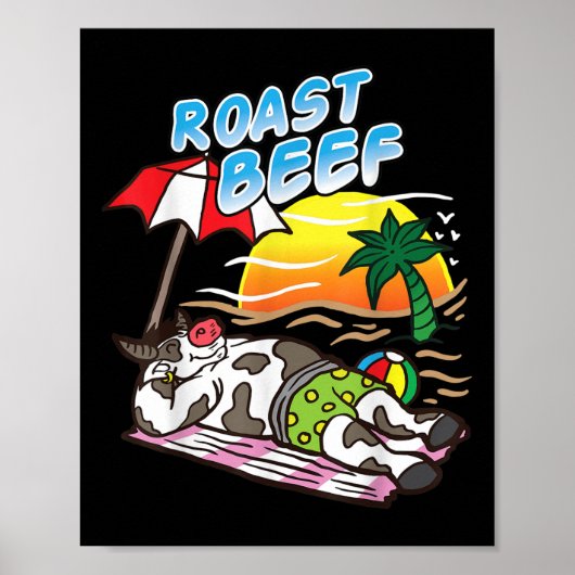 ビーチで日焼けするローストビーフ牛 楽しいBBQ肉 ポスター (正面)