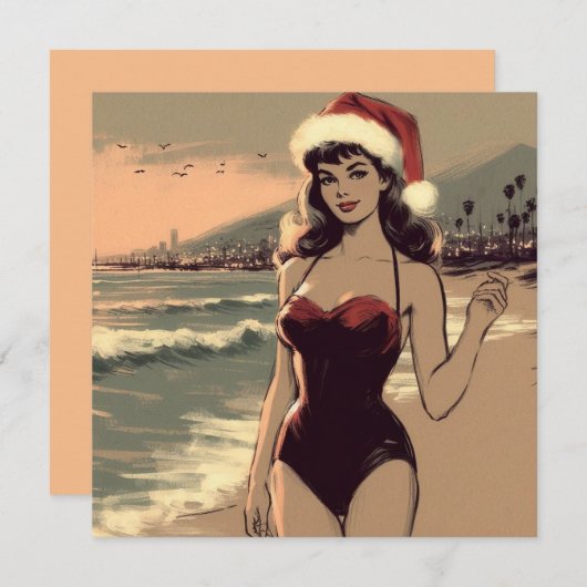 ビーチとサンタ帽のレトロなピンアップガール シーズンカード (正面/裏面)