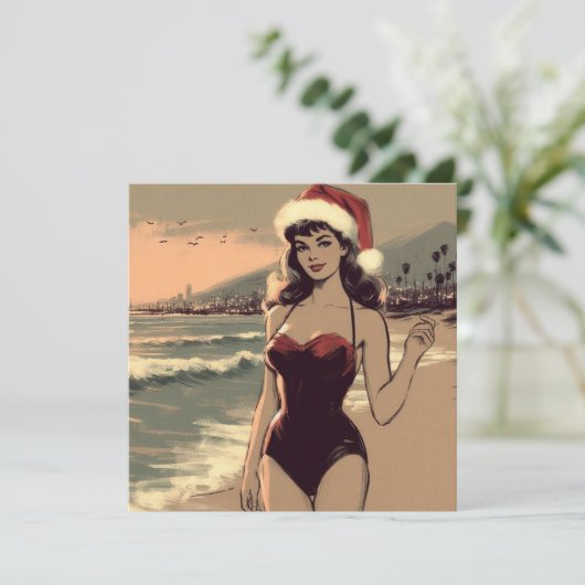 ビーチとサンタ帽のレトロなピンアップガール シーズンカード (スタンド正面)