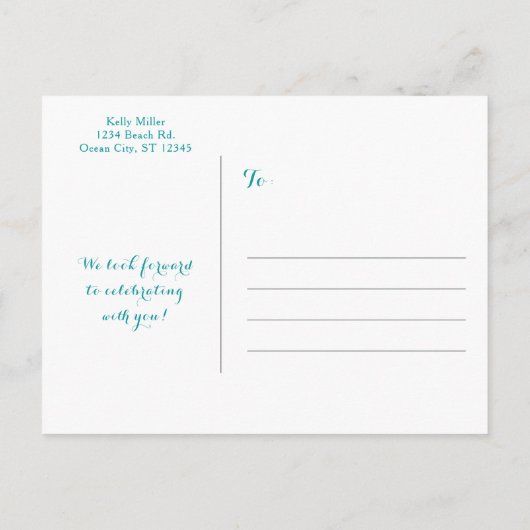 ビーチとハートの砂の日付カードの保存 案内ポストカード (裏面)