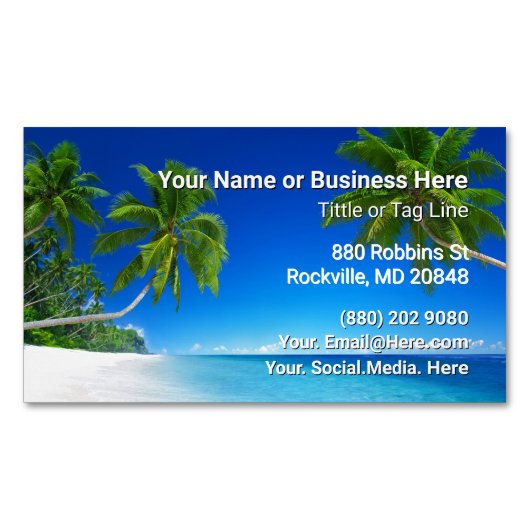 ビーチとヤシの木のトロピカル マグネット名刺 (正面)